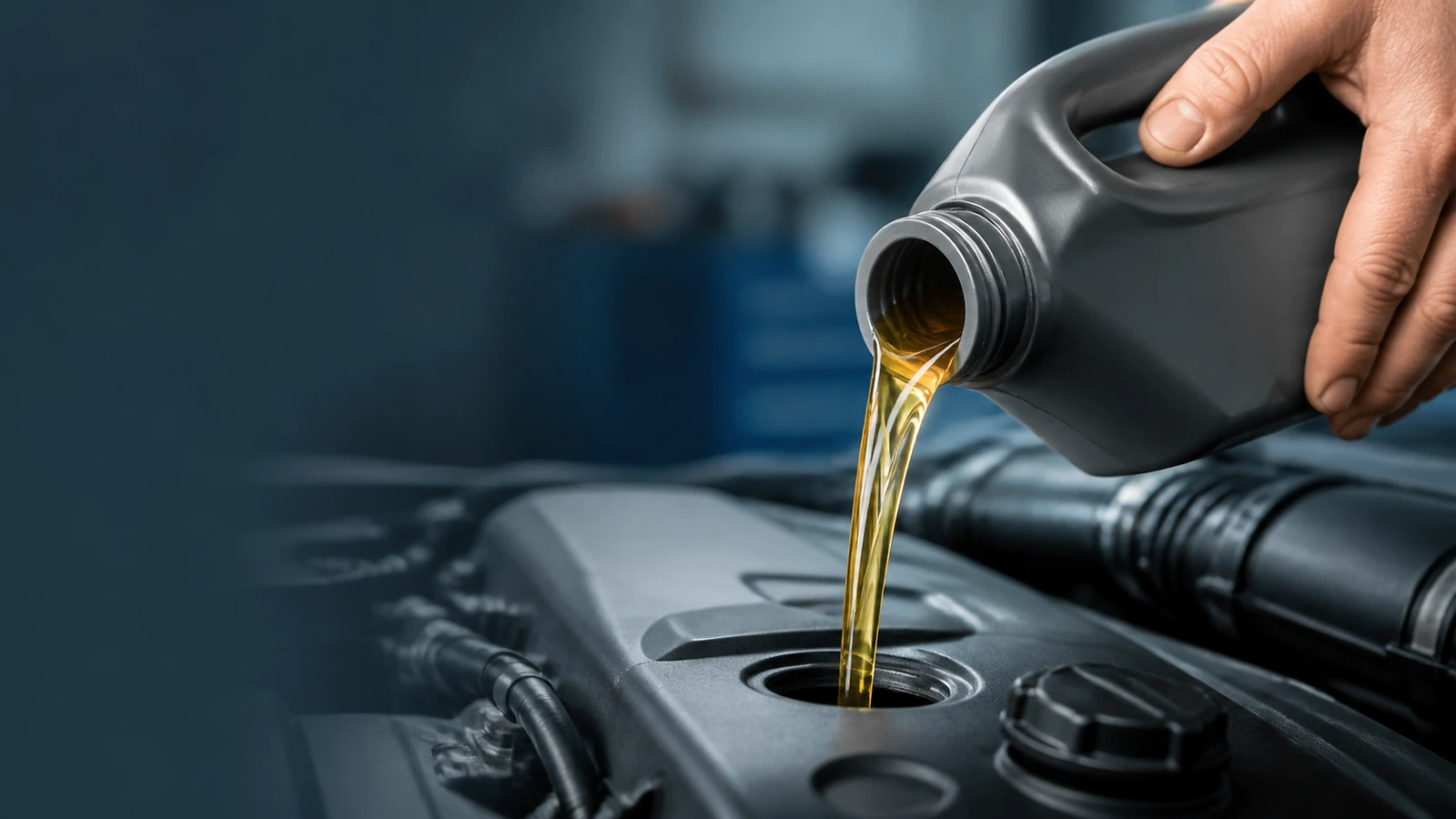 Óleo de motor sendo despejado no bocal do motor de um carro, em oficina