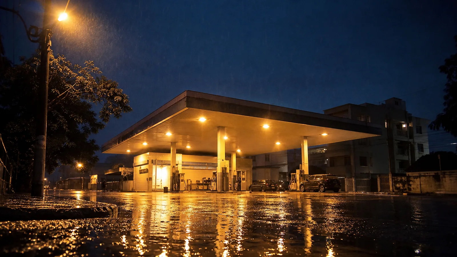 Posto de combustível com a cobertura iluminada durante a madrugada, sob chuva, com o asfalto molhado refletindo a luz