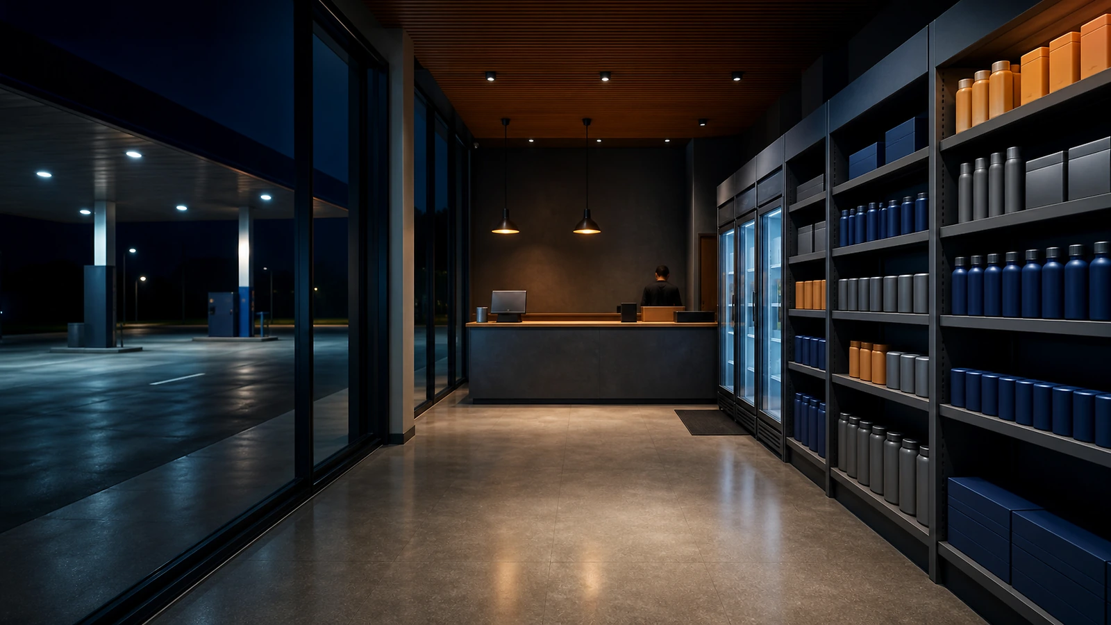 Interior de loja de conveniência de posto à noite, com prateleiras, geladeira de bebidas e balcão ao fundo