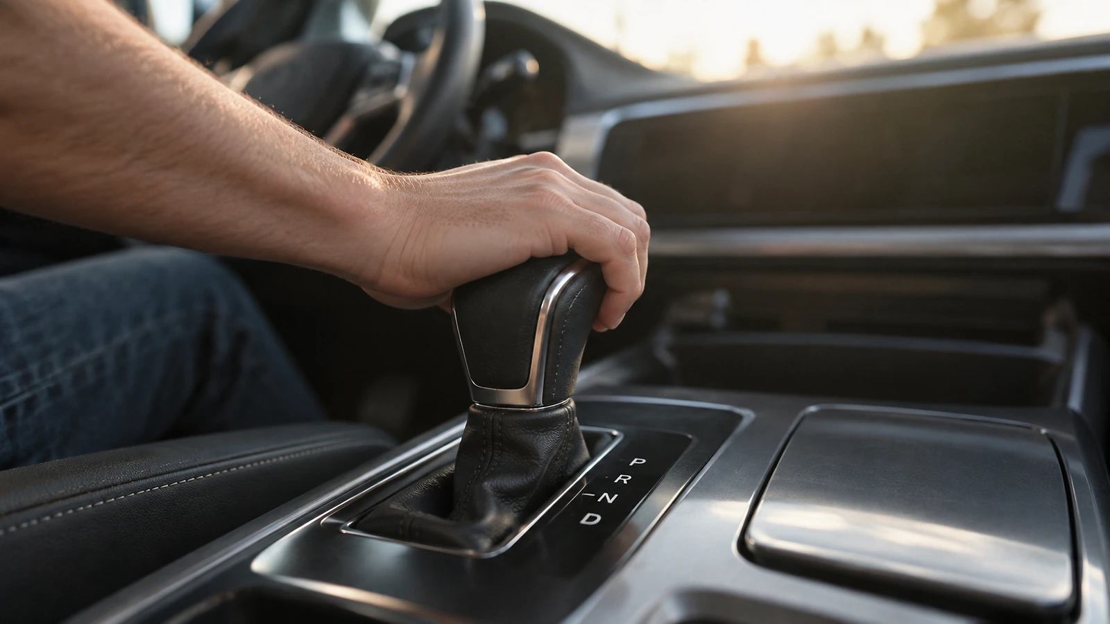 Seletor de câmbio automático de um carro com as posições P R N D visíveis